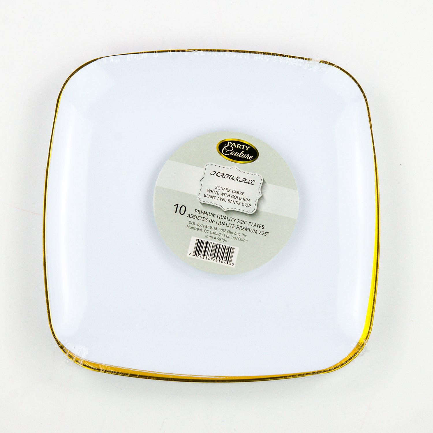 Square White Plastic Plate Gold Rim 7.5'' x10