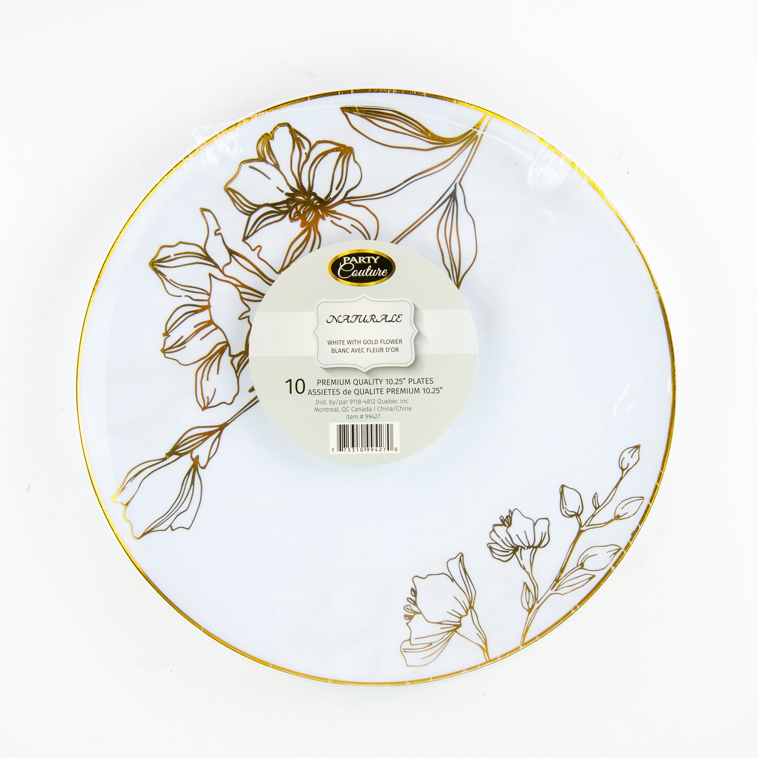 White Plastic Plate Gold Flower Rim 10.25'' x10