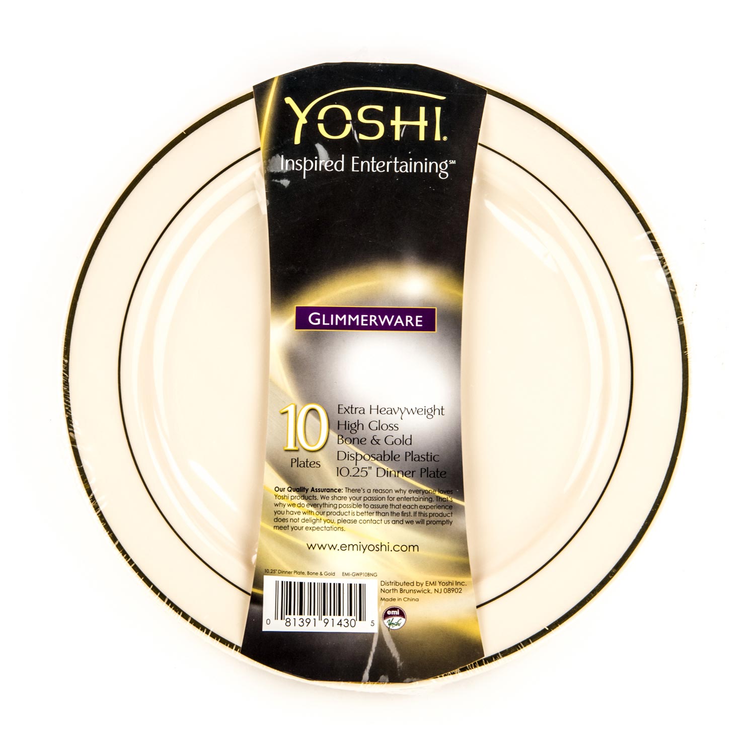 White Plastic Plate Gold Rim 10.25'' x10