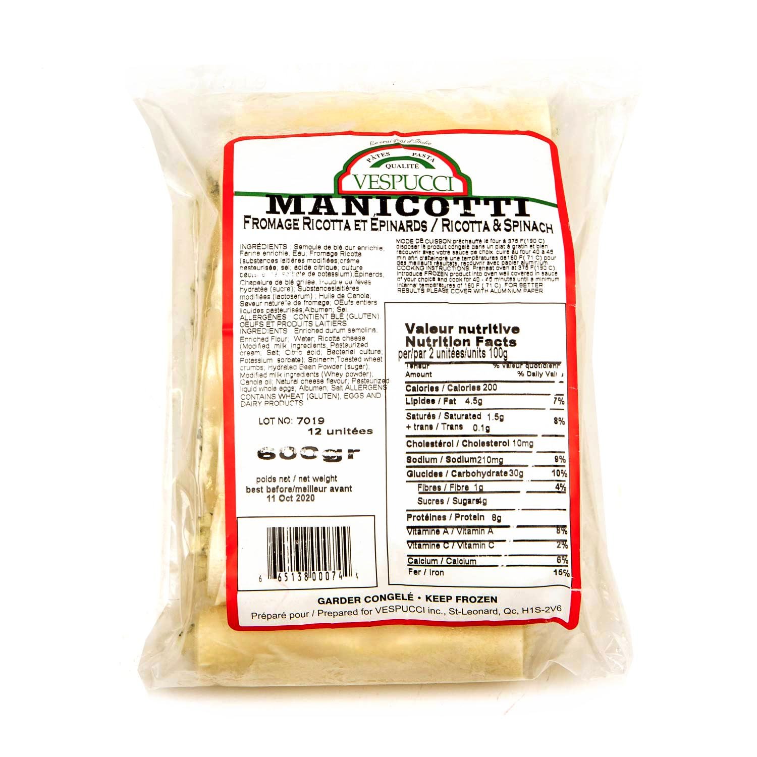 Frozen Ricotta and Spinach Manicotti x12