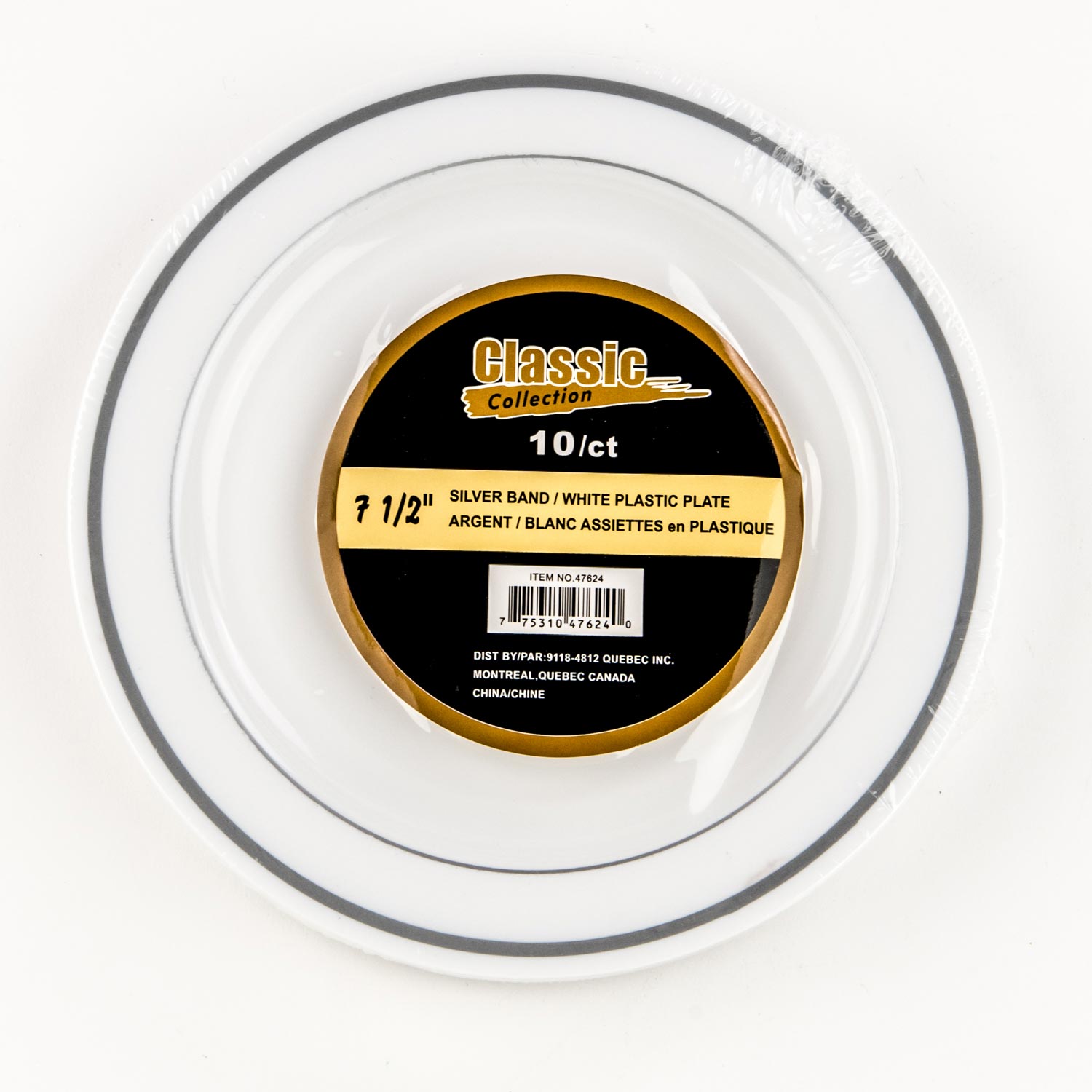 White Plastic Plate Silver Rim 7.5'' x10